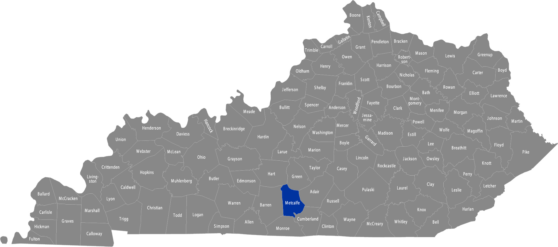 State of Kentucky map with Metcalfe County highlighted